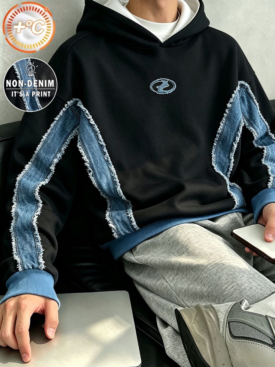 青少年男孩休閒舒適極簡圖標小印花白色條紋拼色套頭衛衣,秋冬款 - 彩色 - 查看 1