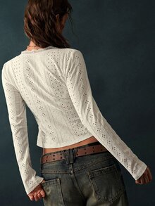 Bohemela Kaos dengan Bordir Eyelet dan Hiasan Renda, Warna Putih untuk Liburan Musim Gugur Gaya Boho Romantis - Putih - View 7