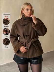 Auralis Autumn/Winter Patchwork Fur Collar & Cuff Wool Thick Coat/Long Sleeve Retro/New Chinese-Style Toggle-Fastening Wool Coat / Color-Block Design / Vintag - Khaki - View 5
