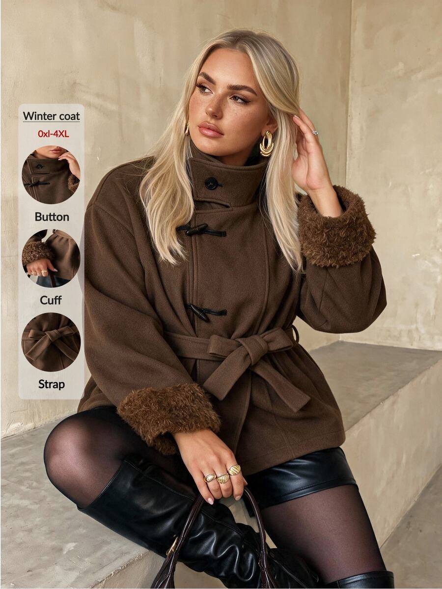 Auralis Autumn/Winter Patchwork Fur Collar & Cuff Wool Thick Coat/Long Sleeve Retro/New Chinese-Style Toggle-Fastening Wool Coat / Color-Block Design / Vintag - Khaki - View 1