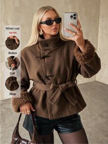 Auralis Autumn/Winter Patchwork Fur Collar & Cuff Wool Thick Coat/Long Sleeve Retro/New Chinese-Style Toggle-Fastening Wool Coat / Color-Block Design / Vintag - Khaki - View 2