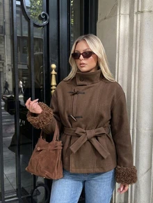 Auralis Autumn/Winter Patchwork Fur Collar & Cuff Wool Thick Coat/Long Sleeve Retro/New Chinese-Style Toggle-Fastening Wool Coat / Color-Block Design / Vintag - Khaki - View 7