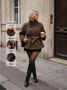 Auralis Autumn/Winter Patchwork Fur Collar & Cuff Wool Thick Coat/Long Sleeve Retro/New Chinese-Style Toggle-Fastening Wool Coat / Color-Block Design / Vintag - Khaki - View 8