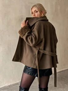 Auralis Autumn/Winter Patchwork Fur Collar & Cuff Wool Thick Coat/Long Sleeve Retro/New Chinese-Style Toggle-Fastening Wool Coat / Color-Block Design / Vintag - Khaki - View 4
