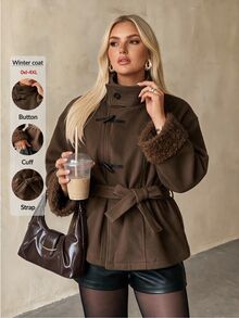 Auralis Autumn/Winter Patchwork Fur Collar & Cuff Wool Thick Coat/Long Sleeve Retro/New Chinese-Style Toggle-Fastening Wool Coat / Color-Block Design / Vintag - Khaki - View 3