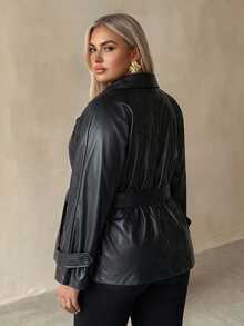 Auralis Plus Size Women's Black Small Stand Collar Lace-Up PU Fabric Fashionable Comfortable Daily Commute Travel Jacket - Black - View 4