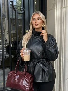 Auralis Plus Size Women's Black Small Stand Collar Lace-Up PU Fabric Fashionable Comfortable Daily Commute Travel Jacket - Black - View 1