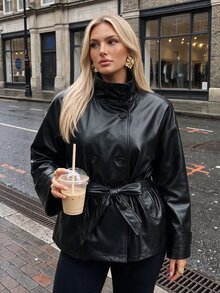 Auralis Plus Size Women's Black Small Stand Collar Lace-Up PU Fabric Fashionable Comfortable Daily Commute Travel Jacket - Black - View 2