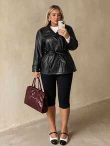 Auralis Plus Size Women's Black Small Stand Collar Lace-Up PU Fabric Fashionable Comfortable Daily Commute Travel Jacket - Black - View 8
