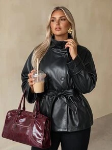 Auralis Plus Size Women's Black Small Stand Collar Lace-Up PU Fabric Fashionable Comfortable Daily Commute Travel Jacket - Black - View 9
