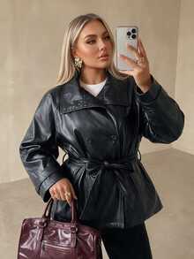 Auralis Plus Size Women's Black Small Stand Collar Lace-Up PU Fabric Fashionable Comfortable Daily Commute Travel Jacket - Black - View 5