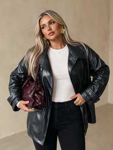 Auralis Plus Size Women's Black Small Stand Collar Lace-Up PU Fabric Fashionable Comfortable Daily Commute Travel Jacket - Black - View 6