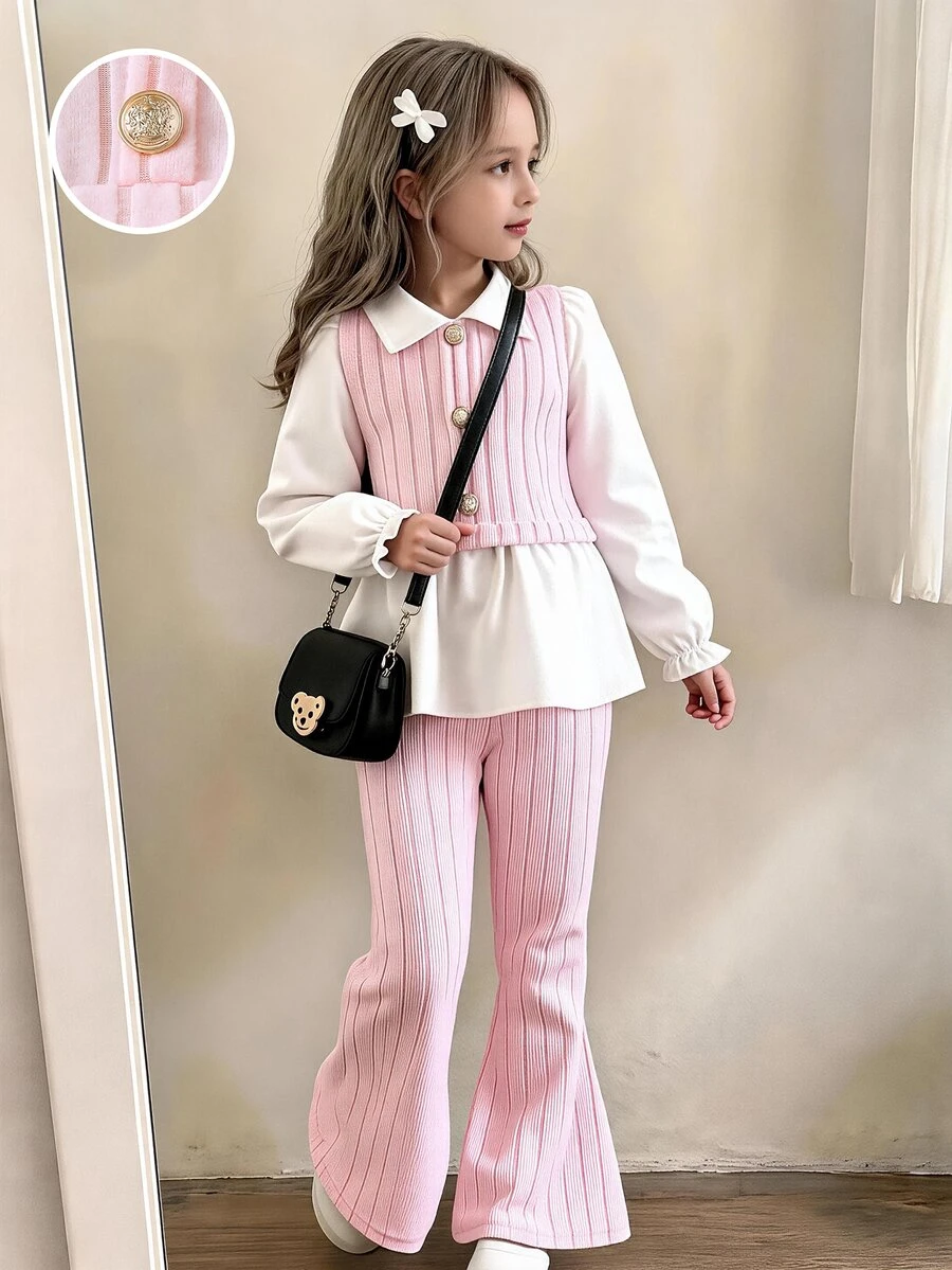 Casuvi Kids 女童秋季休閒襯衫套裝，白色3D蝴蝶結，淺粉色針織刷毛羅紋2合1上衣配喇叭褲，2件套，7歲生日搭配