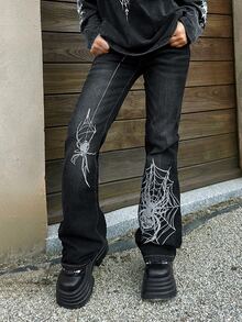 J-Fashion ROMWE X Lorella Silver Spider Embroidery Retro Sexy Women's Jeans - Grey - View 5