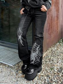 J-Fashion ROMWE X Lorella Silver Spider Embroidery Retro Sexy Women's Jeans - Grey - View 6