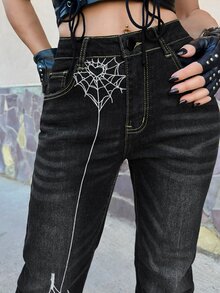 J-Fashion ROMWE X Lorella Silver Spider Embroidery Retro Sexy Women's Jeans - Grey - View 4