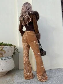 Grunge Punk Quần jeans ống loe cạp siêu thấp ROMWE X Lorella phong cách hippie retro, họa tiết hoa in phối màu tương phản - màu nâu - Xem 4