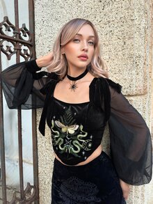 Goth ROMWE X Lorella Top Ajusté pour Femme avec Manches Lanternes, Imprimé Mystérieux de Plante de Sorcière & Lune - Noir - Voir 3