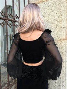 Goth ROMWE X Lorella Top Ajusté pour Femme avec Manches Lanternes, Imprimé Mystérieux de Plante de Sorcière & Lune - Noir - Voir 2