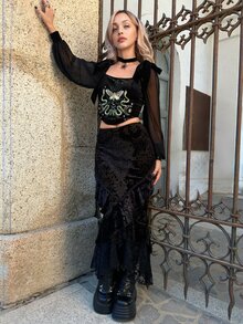 Goth ROMWE X Lorella Top Ajusté pour Femme avec Manches Lanternes, Imprimé Mystérieux de Plante de Sorcière & Lune - Noir - Voir 6