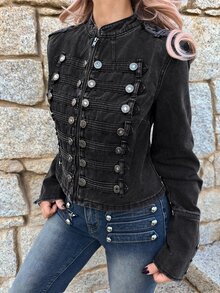 Grunge Punk ROMWE X Lorella Spring/SummerblackVintage Distressed Denim Jacket With Nautical Punk Metal Buckle Closure - Black - View 4
