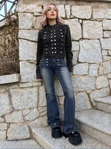 Grunge Punk ROMWE X Lorella Spring/SummerblackVintage Distressed Denim Jacket With Nautical Punk Metal Buckle Closure - Black - View 2