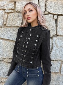 Grunge Punk ROMWE X Lorella Spring/SummerblackVintage Distressed Denim Jacket With Nautical Punk Metal Buckle Closure - Black - View 5