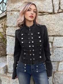 Grunge Punk ROMWE X Lorella Spring/SummerblackVintage Distressed Denim Jacket With Nautical Punk Metal Buckle Closure - Black - View 1