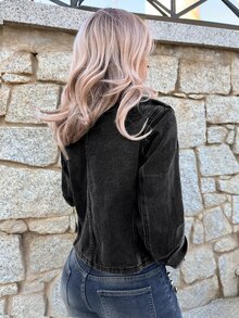 Grunge Punk ROMWE X Lorella Spring/SummerblackVintage Distressed Denim Jacket With Nautical Punk Metal Buckle Closure - Black - View 3