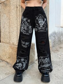 Academia ROMWE X Lorella Women's Letter Print Distressed Wide Leg Loose Casual Denim Jeans - Black - View 2