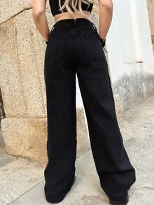 Academia ROMWE X Lorella Women's Letter Print Distressed Wide Leg Loose Casual Denim Jeans - Black - View 5