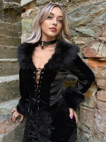 ROMWE X Lorella Spring Luxury Black Gothic Elegant Palace Style Holiday Lace-Up Decor Faux Fur Collar Fitted Jacket - Black - View 4