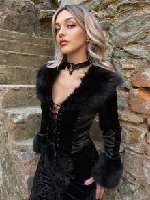 ROMWE X Lorella Spring Luxury Black Gothic Elegant Palace Style Holiday Lace-Up Decor Faux Fur Collar Fitted Jacket - Black - View 5