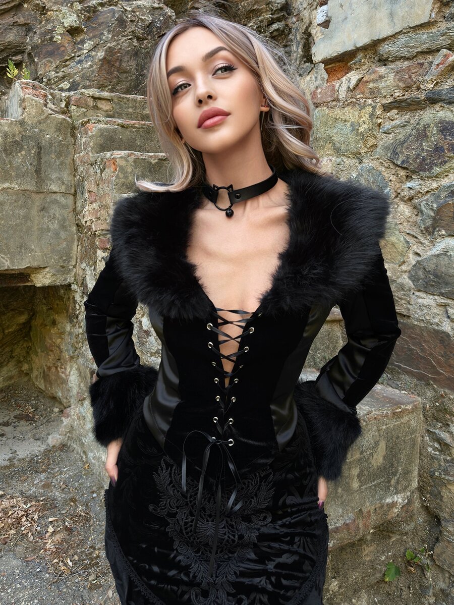 ROMWE X Lorella Spring Luxury Black Gothic Elegant Palace Style Holiday Lace-Up Decor Faux Fur Collar Fitted Jacket - Black - View 1