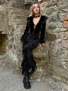 ROMWE X Lorella Spring Luxury Black Gothic Elegant Palace Style Holiday Lace-Up Decor Faux Fur Collar Fitted Jacket - Black - View 1