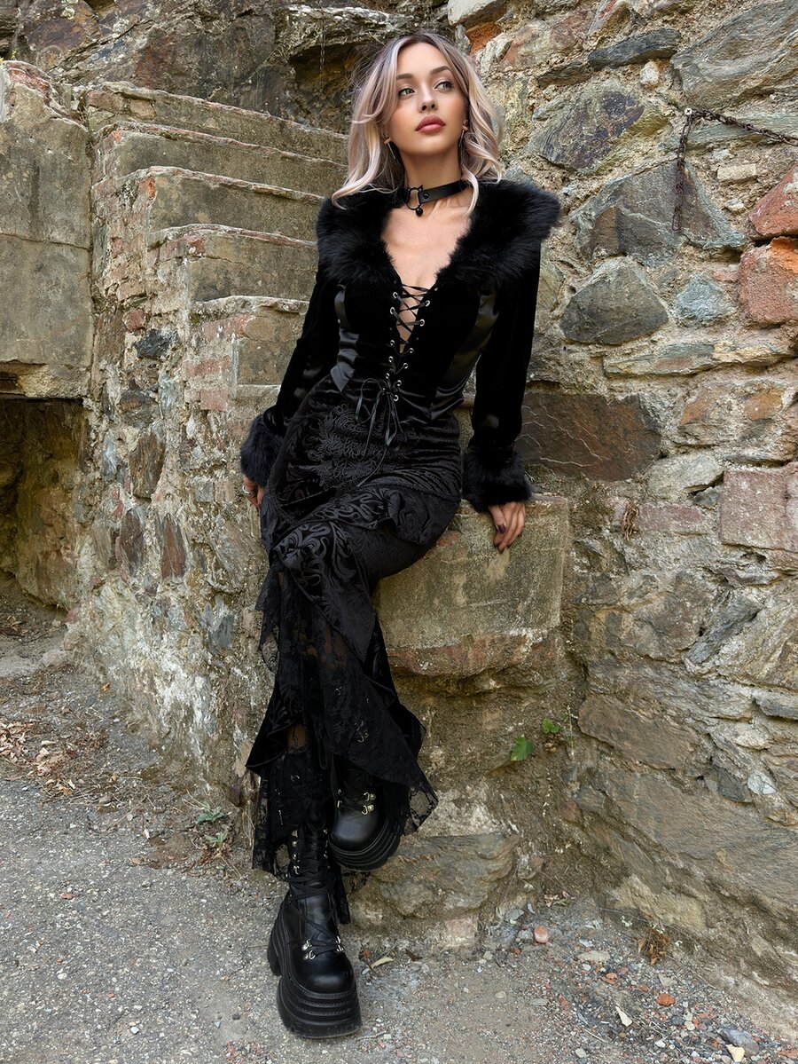ROMWE X Lorella Spring Luxury Black Gothic Elegant Palace Style Holiday Lace-Up Decor Faux Fur Collar Fitted Jacket - Black - View 1
