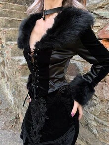 ROMWE X Lorella Spring Luxury Black Gothic Elegant Palace Style Holiday Lace-Up Decor Faux Fur Collar Fitted Jacket - Black - View 6