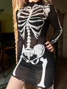 ROMWE X Lorella Halloween Gothic Skeleton Flocked Sexy Sheer Mini Dress For Women - Black - View 4