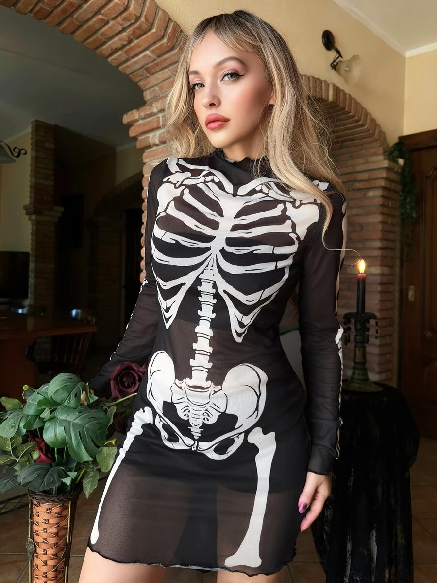 ROMWE X Lorella Halloween Gothic Skeleton Flocked Sexy Sheer Mini Dress For Women - Black - View 1