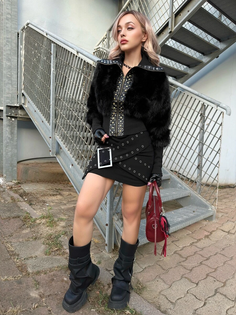 Grunge Punk ROMWE X Lorella Spring Luxury Women Short Faux Fur Splicing PU Black Leather Jacket, Slim Fit - Black - View 1