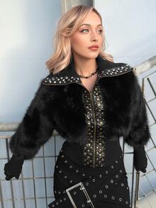 Grunge Punk ROMWE X Lorella Spring Luxury Women Short Faux Fur Splicing PU Black Leather Jacket, Slim Fit - Black - View 5