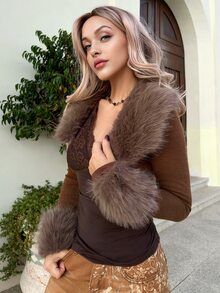 Grunge Punk ROMWE X Lorella Women Y2K Style Thanksgiving , Patchwork Fluffy Collar Cropped Top In Brown - Coffee Brown - View 6