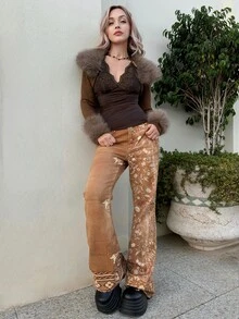 Grunge Punk ROMWE X Lorella Women Y2K Style Thanksgiving , Patchwork Fluffy Collar Cropped Top In Brown - Coffee Brown - View 2