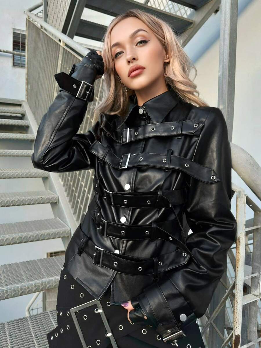 Grunge Punk ROMWE X Lorella Black Motorcycle Punk Metal Buckle Design Multi-Strap PU Leather Women Jacket - Black - View 1