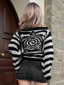 Grunge Punk ROMWE X Lorella Women's Asymmetrical Collar Striped Sweater With Star Pattern - Multicolor - View 2