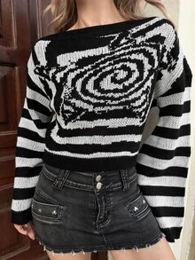 Grunge Punk ROMWE X Lorella Women's Asymmetrical Collar Striped Sweater With Star Pattern - Multicolor - View 5