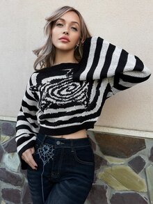 Grunge Punk ROMWE X Lorella Women's Asymmetrical Collar Striped Sweater With Star Pattern - Multicolor - View 4