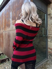 Goth ROMWE X Lorella Fashion Dark Punk Distressed Design Cinched Waist Cold Shoulder Neckline Black & Grey Striped Sweater - Burgundy - View 5