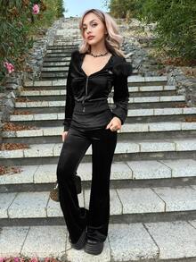 Grunge Punk ROMWE X Lorella Y2K Velvet Rhinestone Graphic Cropped Hoodie & Low-Rise Flare Pant2 Piecesce Set For Women - Black - View 1