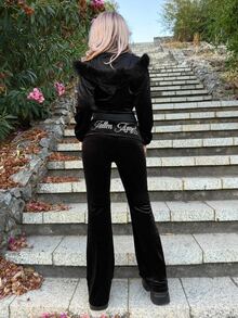 Grunge Punk ROMWE X Lorella Y2K Velvet Rhinestone Graphic Cropped Hoodie & Low-Rise Flare Pant2 Piecesce Set For Women - Black - View 2